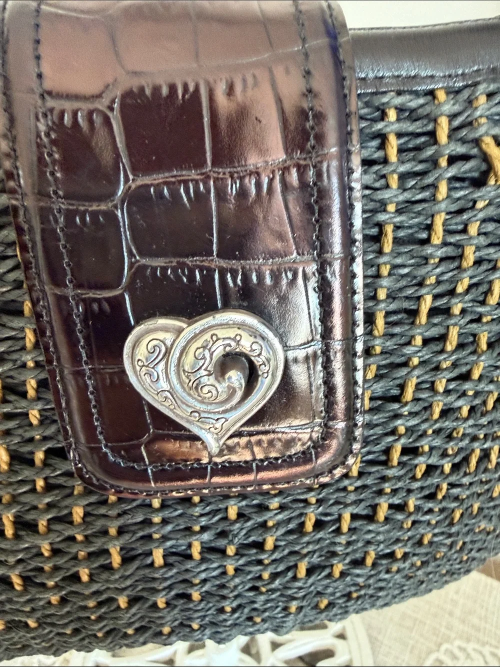 Brighton Black Woven Shoulder Bag with Brown Flap and Silver Heart Accent